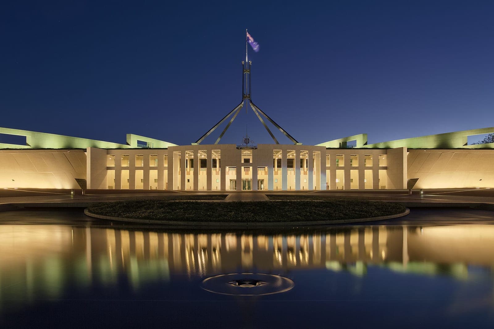 Parliament House, Canberra, at dusk.
