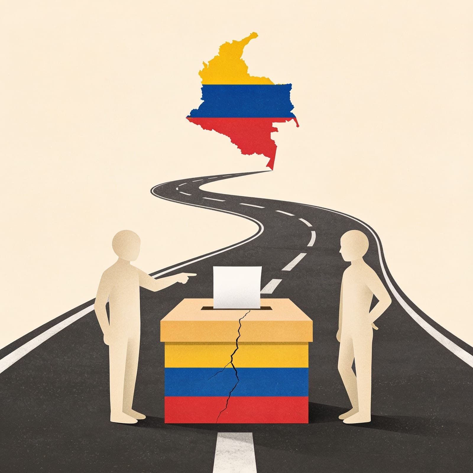 illustration of a ballot box at the centre with a hairline crack running through it, while two abstract faceless figures stand on either side — one pointing an accusing finger, the other turning away with an open, dismissive hand, showing a rift. A forked road splits behind them toward a June runoff. Muted Colombian flag colours (desaturated yellow, blue, red) and a silhouette of Colombia.