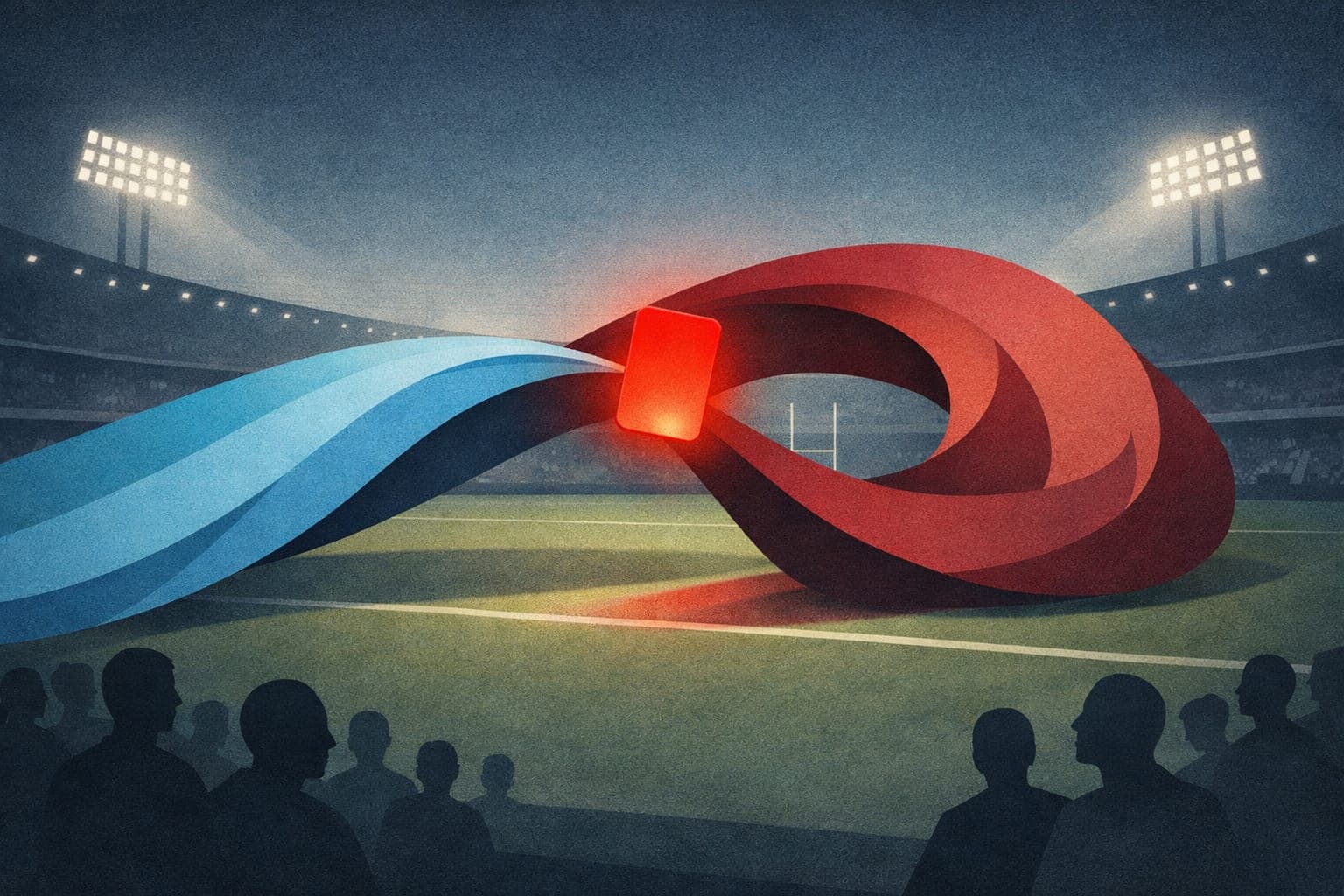 illustration of a night rugby-league stadium rendered as abstract geometry: two sweeping ribbons of colour — sky-blue and maroon — surging across the field, the blue ribbon overtaking the maroon in a dramatic comeback curve. At the pivot point, a single glowing red card hovers, casting the decisive moment.