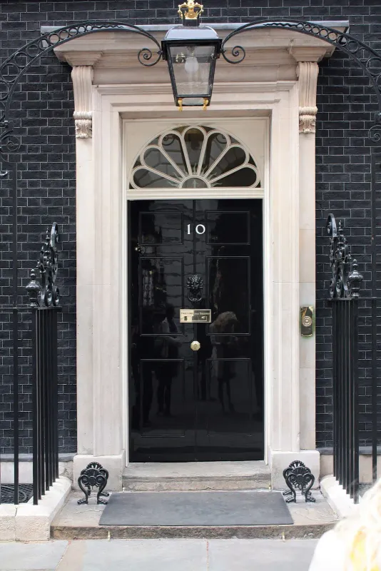 The famous black front door of 10 Downing Street, official residence of the UK prime minister