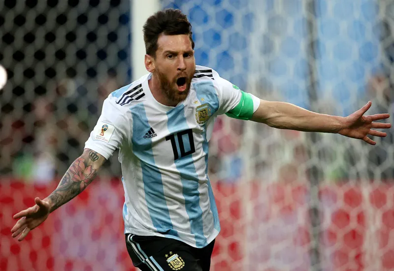 Messi after scoring the opening goal against Nigeria
