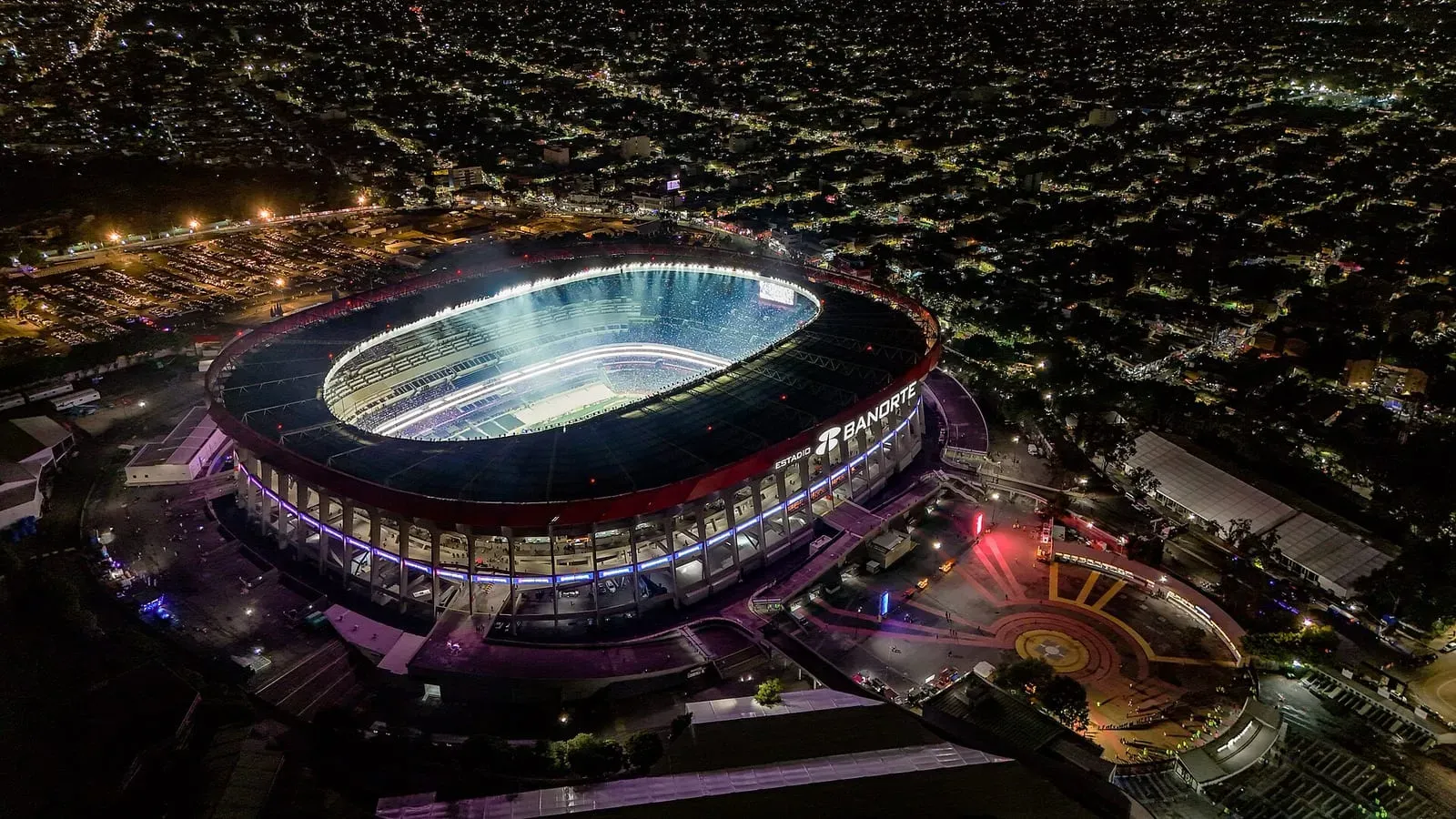 Aerial night view of the Estadio Azteca in Mexico City, host of the 2026 World Cup opening match
