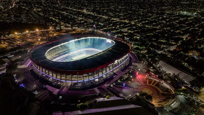 Aerial night view of the Estadio Azteca in Mexico City, host of the 2026 World Cup opening match