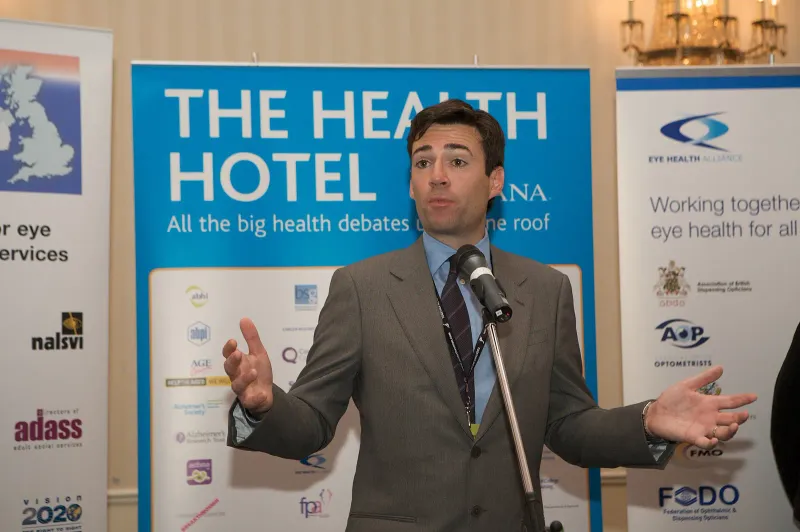 Andrew Burnham, British politician and Secretary of State for Health, speaking during the Health Hotel reception at the Hilton Metropole, Brighton, during the Labour Party Conference 2009.