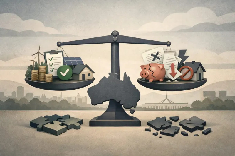 Editorial illustration of balance scales weighing the Albanese government's kept promises against its broken ones, over a silhouette of Australia with Parliament House behind.