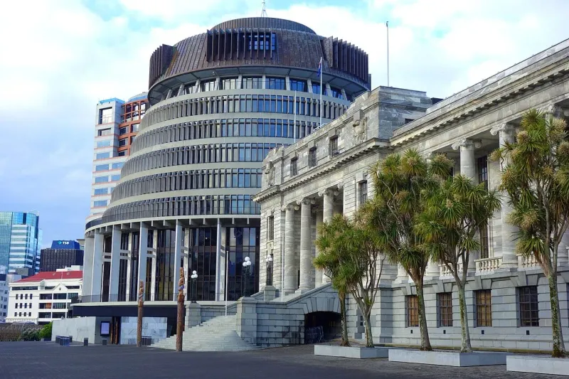 New Zealand's Parliament buildings in Wellington — the Beehive and Parliament House