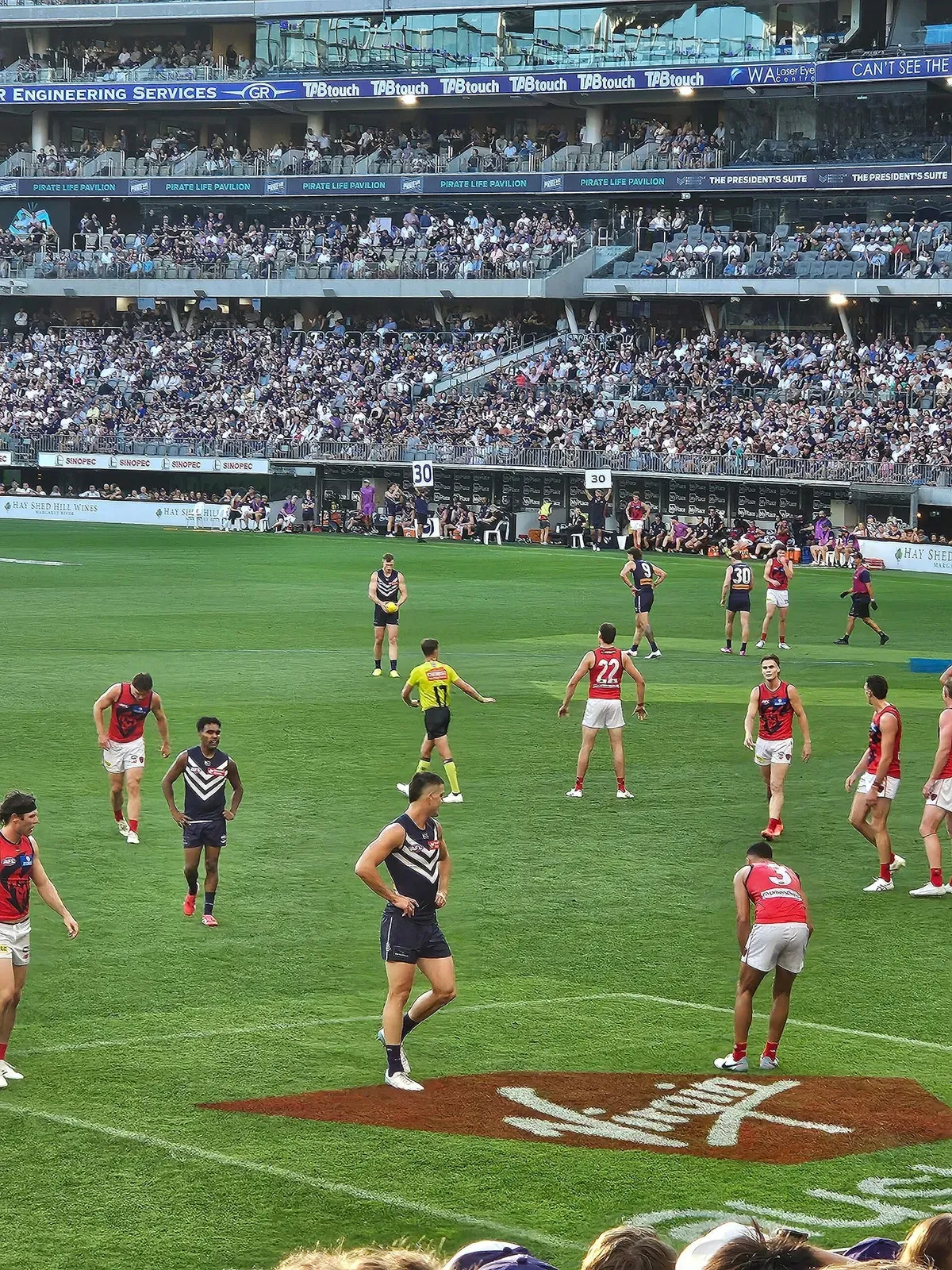 Josh Treacy lines up for goal for Fremantle against Melbourne at Optus Stadium.