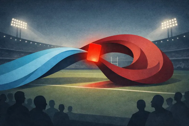 illustration of a night rugby-league stadium rendered as abstract geometry: two sweeping ribbons of colour — sky-blue and maroon — surging across the field, the blue ribbon overtaking the maroon in a dramatic comeback curve. At the pivot point, a single glowing red card hovers, casting the decisive moment.
