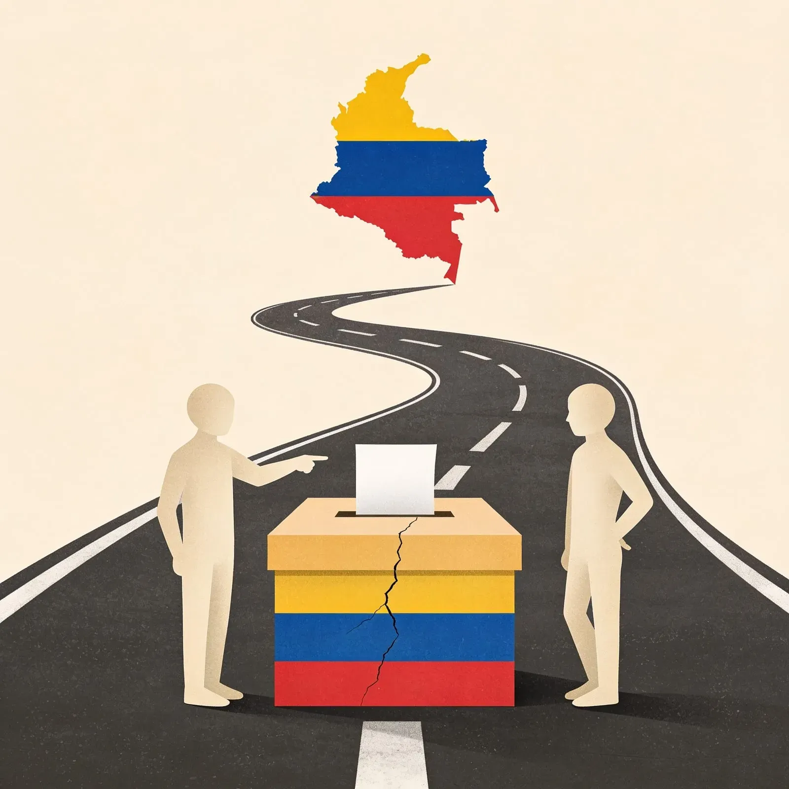 illustration of a ballot box at the centre with a hairline crack running through it, while two abstract faceless figures stand on either side — one pointing an accusing finger, the other turning away with an open, dismissive hand, showing a rift. A forked road splits behind them toward a June runoff. Muted Colombian flag colours (desaturated yellow, blue, red) and a silhouette of Colombia.