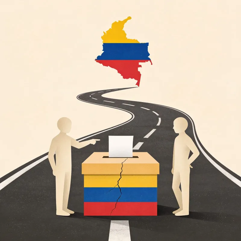 illustration of a ballot box at the centre with a hairline crack running through it, while two abstract faceless figures stand on either side — one pointing an accusing finger, the other turning away with an open, dismissive hand, showing a rift. A forked road splits behind them toward a June runoff. Muted Colombian flag colours (desaturated yellow, blue, red) and a silhouette of Colombia.