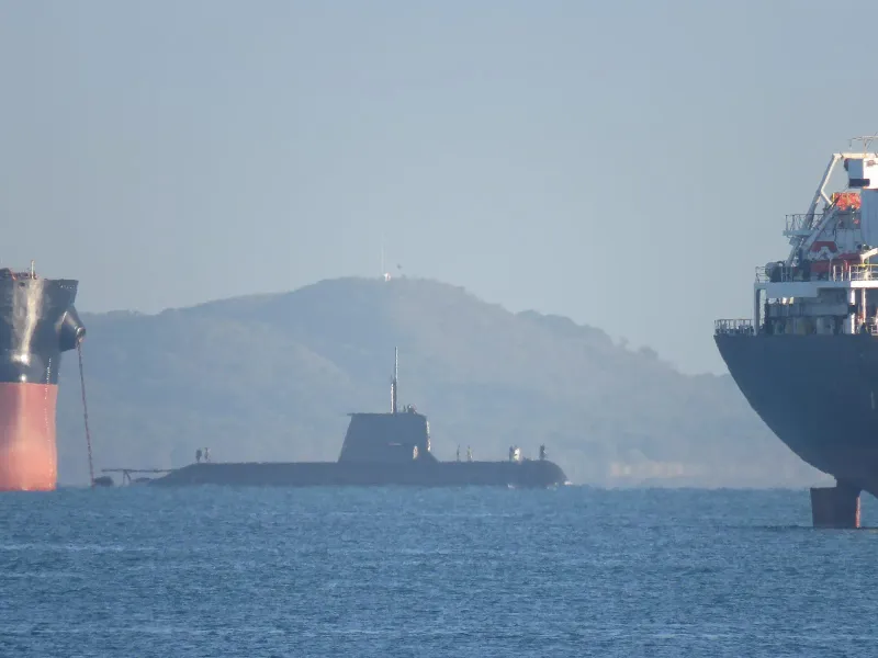 A Royal Australian Navy Collins-class submarine on the surface.