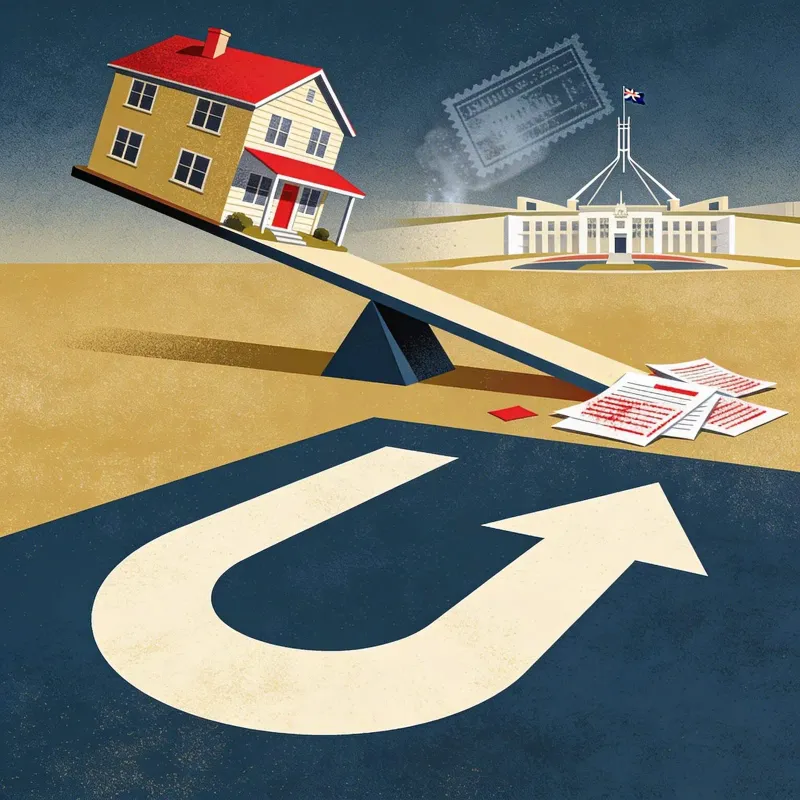 suburban house sitting on a seesaw, tilting sharply downward, while a giant U-turn arrow loops back on itself above it. Beside the house, official documents are heavily redacted with black bars, hiding the fine print. A faint "ruled out" stamp dissolves.