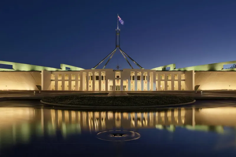 Parliament House, Canberra, at dusk.
